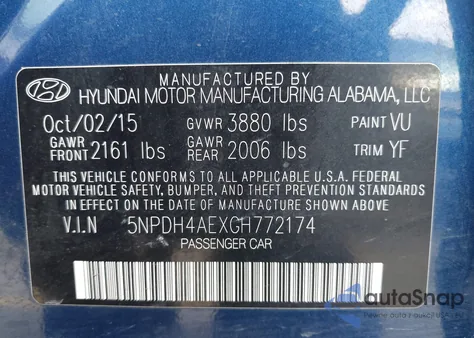 2016 Hyundai Elantra Se z USA, uszkodzony, nr VIN 5NPDH4AEXGH772174